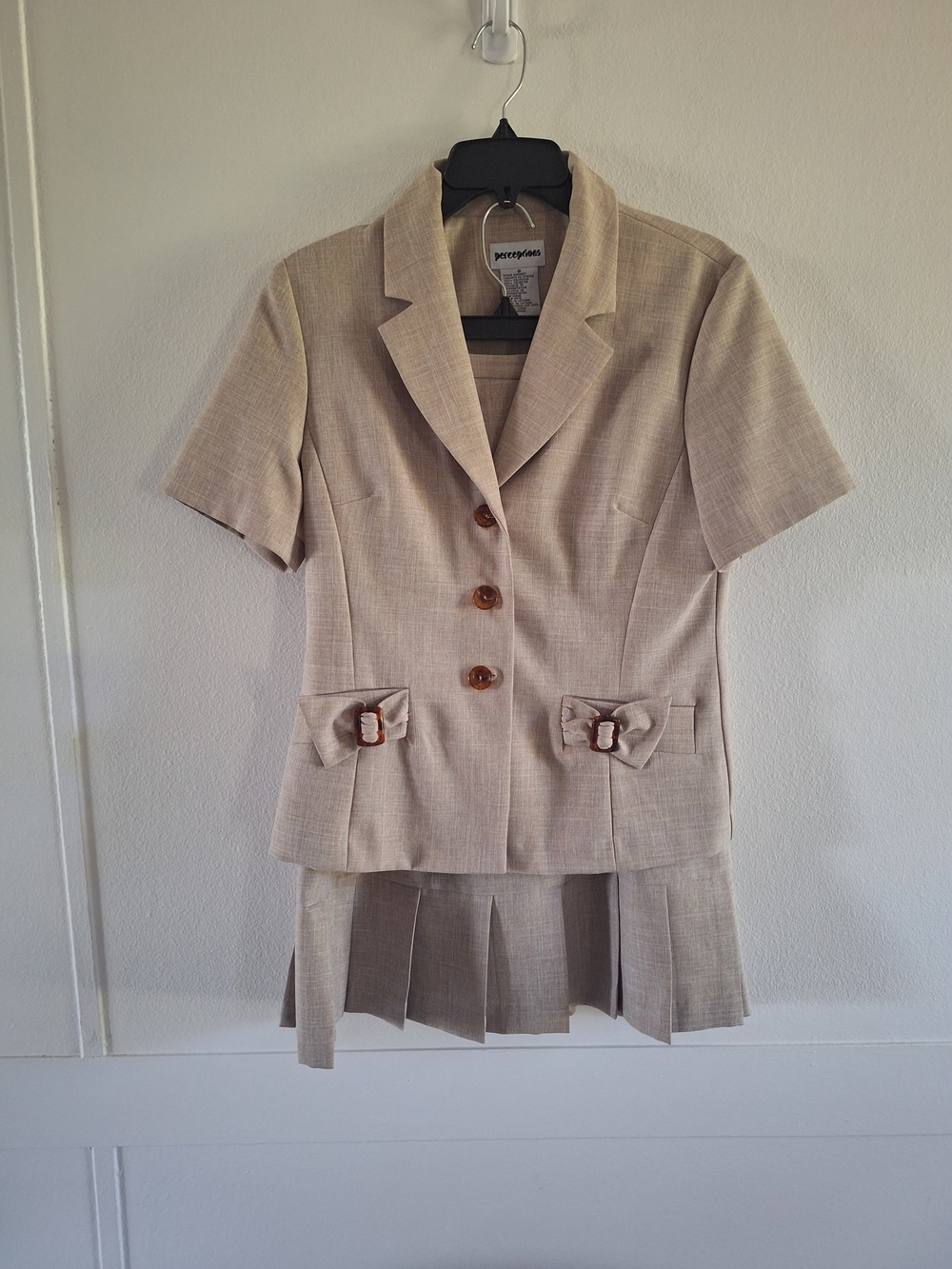 Perceptions Beige Short-Sleeve Bow Pocket Blazer